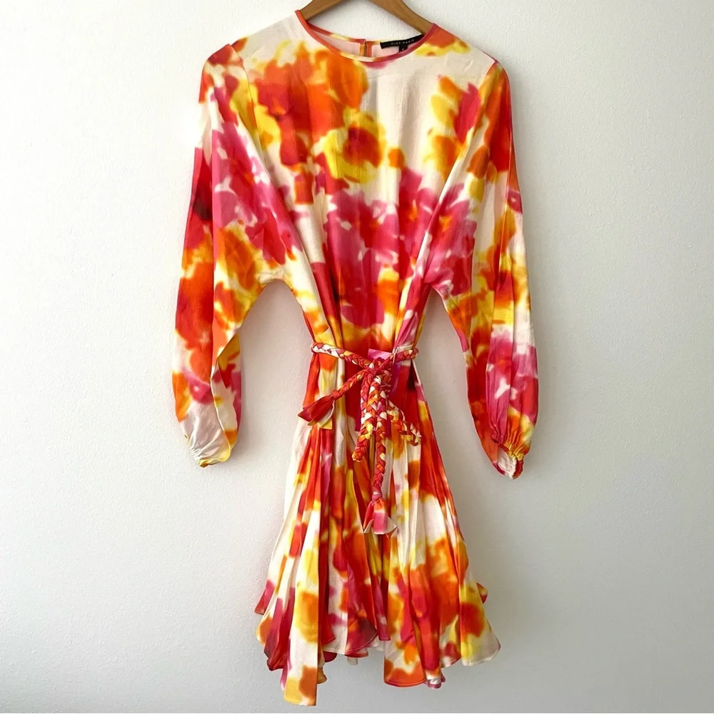 Alex Marie Riley watercolor long sleeve satin tie waist belted dress - Picture 3 of 8